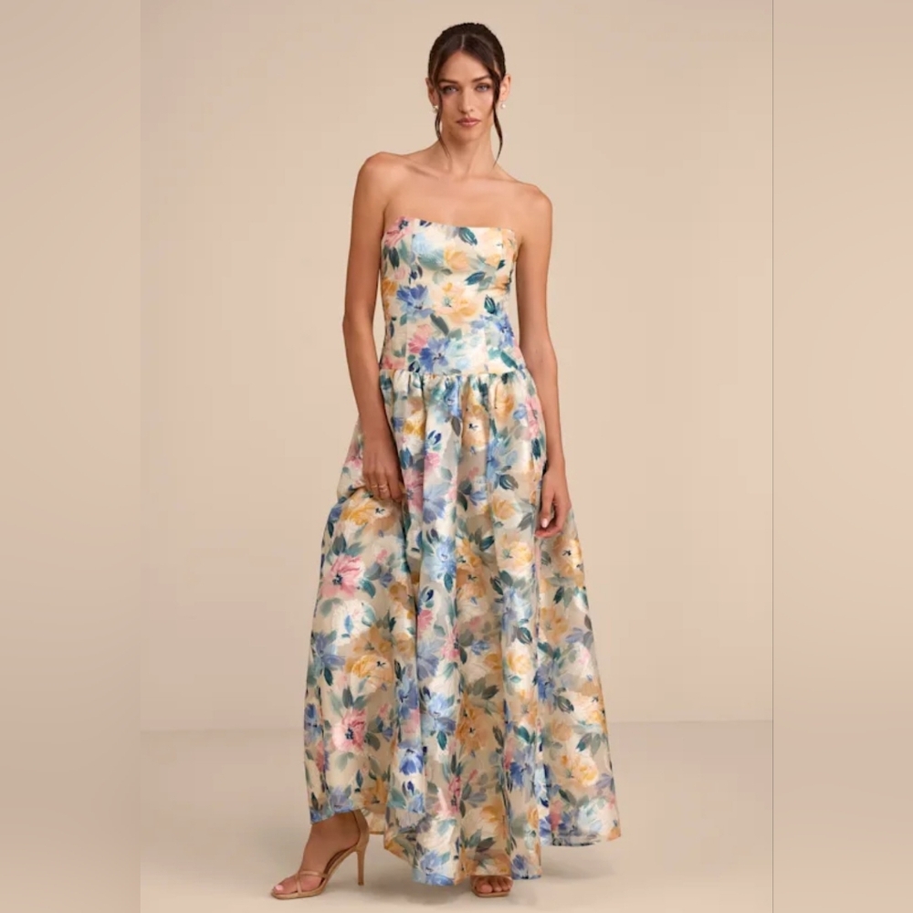 Lulu's Strapless Floral Gown in Cream with Blue, Pink & Yellow Accents